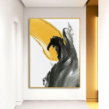 Texturizado Painting - Pincelada negro amarillo abstracto por Palette Knife pared arte minimalismo textura